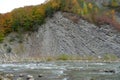 Beautiful mountain river with rapid current, the Prut river and mountain folds