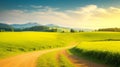 Beautiful Mountain Rural Landscape with Green Fields and Sunset Sky. Royalty Free Stock Photo