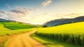 Beautiful Mountain Rural Landscape with Green Fields and Sunset Sky. Royalty Free Stock Photo