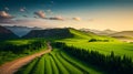 Beautiful Mountain Rural Landscape with Green Fields and Sunset Sky. Royalty Free Stock Photo