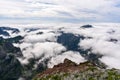 Beautiful mountain scenery near the mountain peak Pico Ruivo on Madeira Island - Cloud covered mountain landscape
