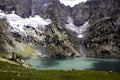 Beautiful mountain scenery. River, valley, snow, blue sky, white clouds. In-depth trip on the Sonamarg Hill Trek in Jammu and Royalty Free Stock Photo