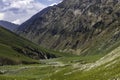 Beautiful mountain scenery. River, valley, snow, blue sky, white clouds. In-depth trip on the Sonamarg Hill Trek in Jammu and Royalty Free Stock Photo