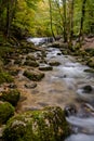 Beautiful mountain stream with small waterfall in autumn forest landscape Royalty Free Stock Photo