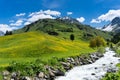 Beautiful mountain valley near Klosters on a summer day with a small creek running through it Royalty Free Stock Photo