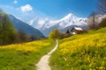 Beautiful mountain village scenery with fresh green meadows