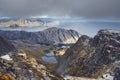 Beautiful Mountains above fishing town of Nusfjord, Norway, Lofoten islands, golden autumn surrounded by colorful mountains