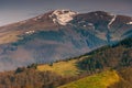 Beautiful mountains landscape in spring. Springtime in mountains. View of forested hills and grassy slopes illuminated with sunsh