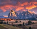 Beautiful mountains with lighted peaks and red sky at sunset Royalty Free Stock Photo