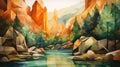 Beautiful mountains, a river, and a bright sky in an abstract crystal cubism.