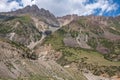 Beautiful mountains with rocky terrain and sky background. Barskoon river gorge. Road to Kumtor gold mine. Natural background