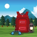 Beautiful mountains and trees landscape with backpack, binoculars and lantern