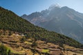 Beautiful mountains valley in Everest base camp trekking route with Thamserku mountain peak behind. Himalaya mountains range in