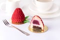 Beautiful Mousse Cake Dessert in Shape of Raspberries French Modern Dessert Pastry White Background Half of Dessert