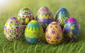 Beautiful Multi-color Easter eggs in the garden, Easter day concept. Colorful easter eggs on green grass Royalty Free Stock Photo