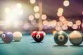 beautiful multi-colored balls with numbers lie under the light of lamps on the pool table. Royalty Free Stock Photo