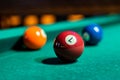 beautiful multi-colored balls with numbers lie under the light of lamps on the pool table. Royalty Free Stock Photo