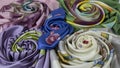 Beautiful multi colored silk scarves rolled up in the shape of a rose. Luxurious texture, natural fabrics, vivid colors.