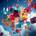 Beautiful multi-colored transparent cubes float in the air