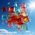 Beautiful multi-colored transparent cubes float in the air