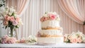 Beautiful multi-tiered wedding cake, flowers bridal dessert food