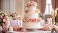 rose multi-tiered wedding cake, flowers bridal dessert food ceremony catering Royalty Free Stock Photo