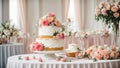 decorative multi-tiered celebrate catering cake, flowers bridal table baked gourmet Royalty Free Stock Photo