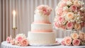 celebration multi-tiered wedding cake, flowers bridal table Royalty Free Stock Photo