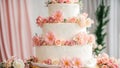 celebration multi-tiered wedding cake, flowers bridal table elegant