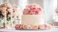 celebration multi-tiered pastry wedding cake, flowers bridal table elegant decoration setting