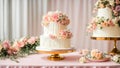 decorative multi-tiered celebrate restaurant cake, flowers bridal table baked Royalty Free Stock Photo