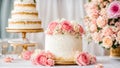 decorative multi-tiered celebrate restaurant cake, flowers bridal table elegant decoration setting Royalty Free Stock Photo