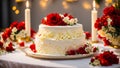 decorative multi-tiered celebrate holiday cake, flowers bridal table elegant decoration setting Royalty Free Stock Photo
