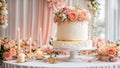 celebration multi-tiered celebrate holiday cake, flowers bridal table elegant decoration setting Royalty Free Stock Photo