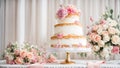 celebration multi-tiered pastry holiday cake, flowers bridal table elegant decoration setting Royalty Free Stock Photo