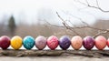 Beautiful multicolored Easter eggs in a row, tree branch behind and a blurred background