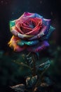 Beautiful multicolored rose with dew drops on a dark background. Generative AI Royalty Free Stock Photo