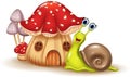 Beautiful mushroom house and happy snail cartoon Royalty Free Stock Photo