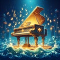 A beautiful music instrument of piano, in a whimsical deep sea, waves, flying notes arounds it, cartoon, disney style Royalty Free Stock Photo