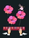 Beautiful musical poster with winged hands fluttering over colorful piano keys, pink poppy flowers and graceful fairy ballerina