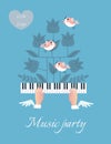 Beautiful musical poster with winged hands fluttering over piano keys, funny little birds and the silhouette of a flowering plant