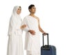 Beautiful muslim couple hajj and umrah walking