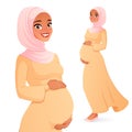 Beautiful Muslim pregnant woman in hijab. Isolated vector illustration.