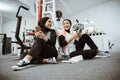 beautiful muslim sporty woman taking a break after exercising Royalty Free Stock Photo