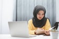 Beautiful muslim student girl using a laptop computer learning online at home. Distance learning online education