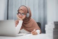 Beautiful muslim student girl using a laptop computer learning online at home. Distance learning online education
