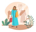 Beautiful muslim woman shopping in retail clothing store, fashion boutique, flat vector illustration Royalty Free Stock Photo