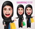 Beautiful muslim woman vector character set holding colorful shopping bags Royalty Free Stock Photo