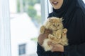 Beautiful muslim young woman wearing black hijab hugging lovely fluffy brown persian kitten while standing beside windows at home