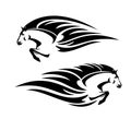 Mustang horse lunging forward black and white vector head and legs outline with tribal flames decor Royalty Free Stock Photo